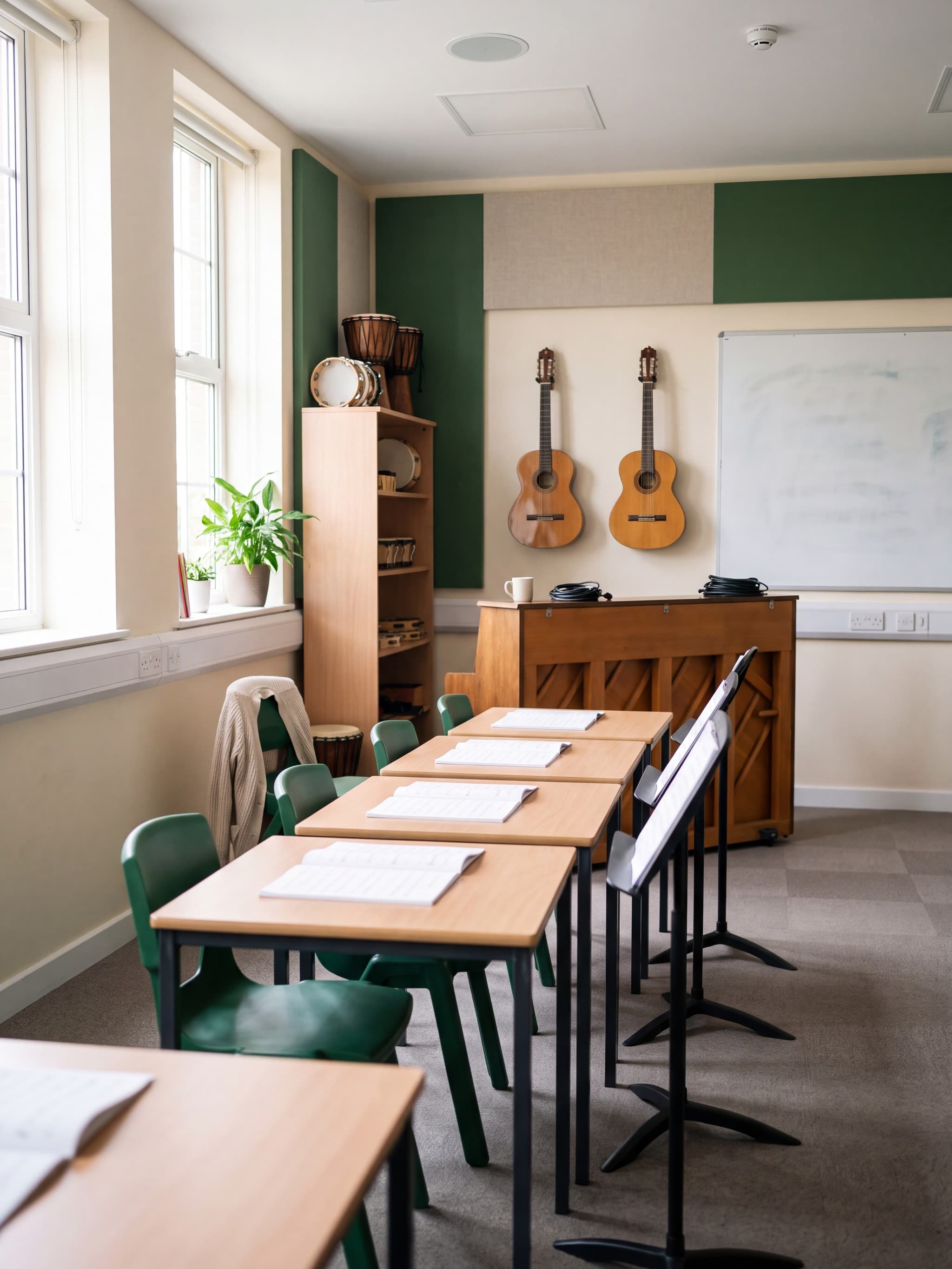 A quiet music room in daylight, with an upright piano, a guitar and plants on the windowsill