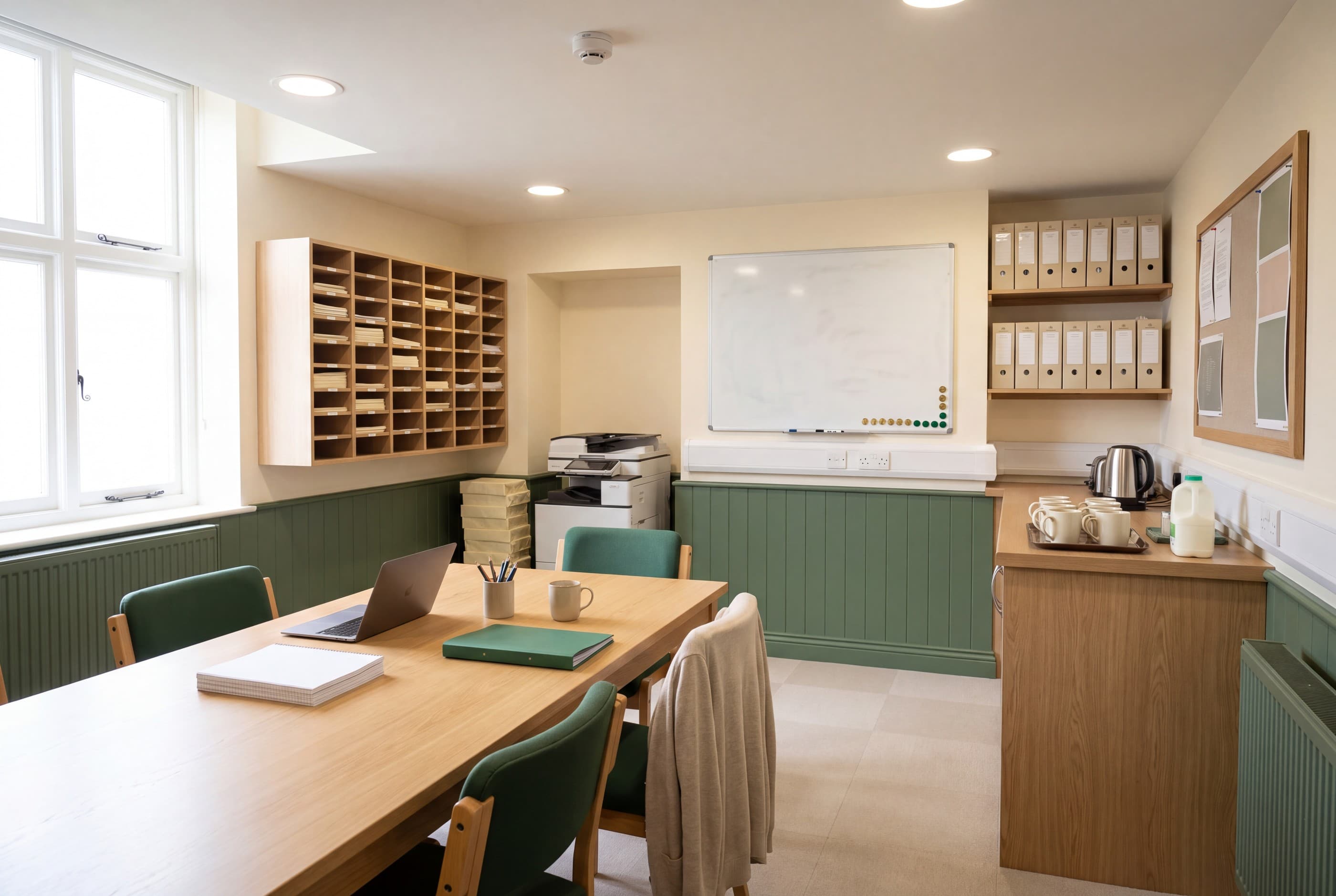 A staff workroom in daylight, with pigeonholes, a photocopier and a term-planner whiteboard